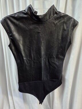 Sleeveless Faux Leather Mock Neck Bodysuit - Black